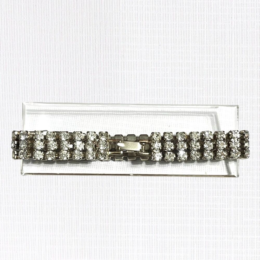 Vintage Rhinestone Bracelet Silver Tone White 3 Row Prong Set Glamorous Party